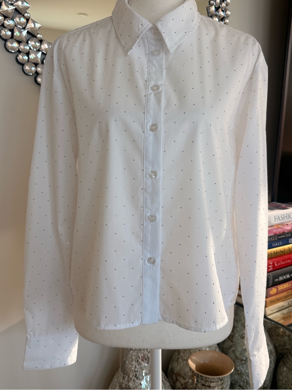 White Button-Up Shirt with Micro Dot Detail